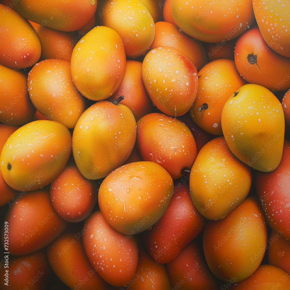 Tas de mangues, sur un étal de marché. Récolte de mangues fraîches, oranges et bien mûres pour faire le plein de vitamines en hiver