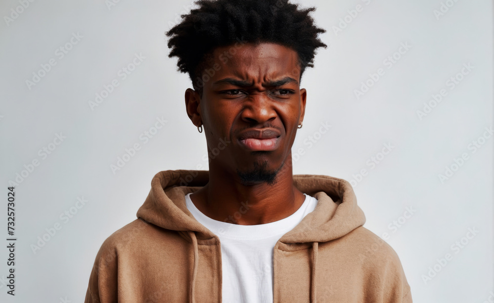 Obraz premium Portrait of an African American man whose facial expression expresses disgust and hostility.