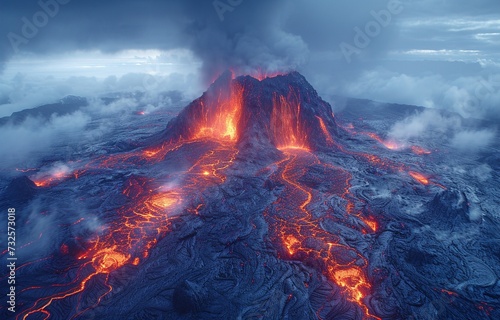 Apocalyptic settings around a volcano that has erupted, with flaming lava scalding and gushing out of the crater and volcanic smoke and gases filling the air.