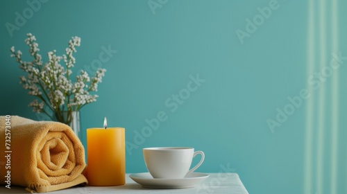 A serene spa setup with a lit candle, a cup of tea, and a towel on a table against a teal background with white flowers