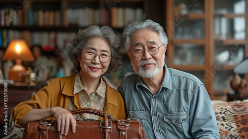 Sitting on the bed, preparing bags, and making plans to travel after retirement is a charming elderly Asian couple.