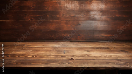 Empty Rustic Wooden Table plank with Dark Textured Background copy space banner 