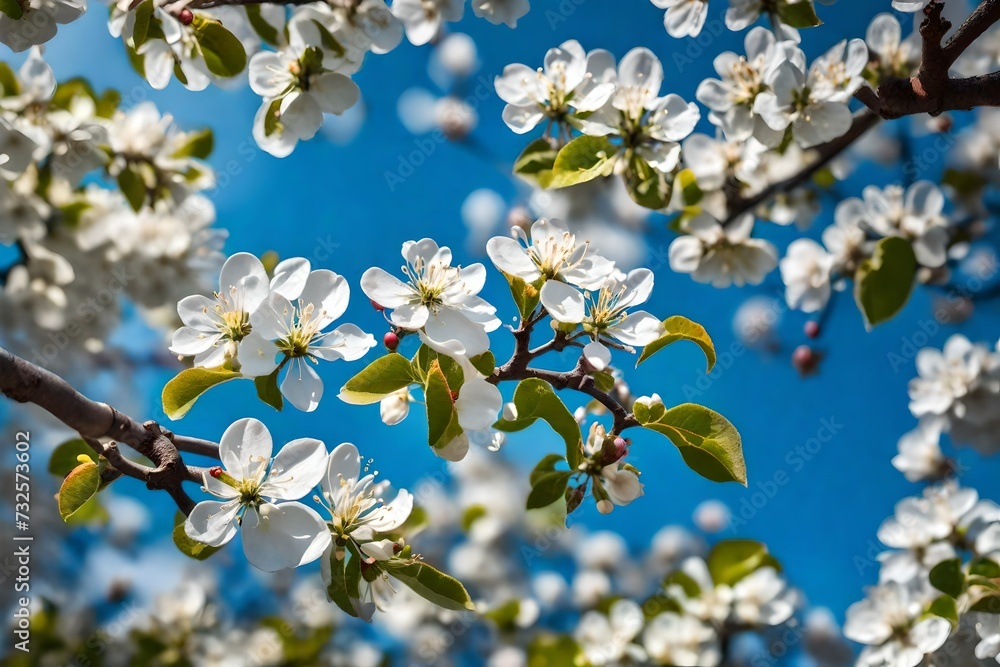 Apple tree branches in full bloom against blue sky Apple tree branches in full bloom against blue sky