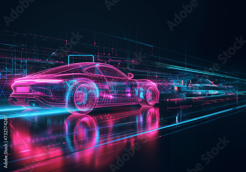 Supercar voiture de sport imaginaire avec contours holographiques virtuels couleurs néons rose et bleu et lignes de fuite pour la vitesse, sur une route noire avec les reflets du véhicule Copy space photo