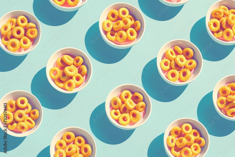 Aerial view of multiple bowls filled with colorful cereal rings on a light blue background. The bowls are arranged in a grid pattern, casting soft shadows Aerial view of multiple bowls filled with colorful cereal rings on a light blue background. The bowls are arranged in a grid pattern, casting soft shadows