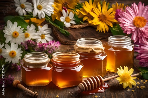 Jar of honey and wooden drizzler on a wooden background