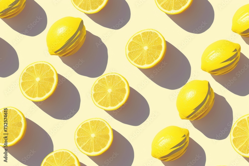 Realistic fresh looking lemons on light yellow background