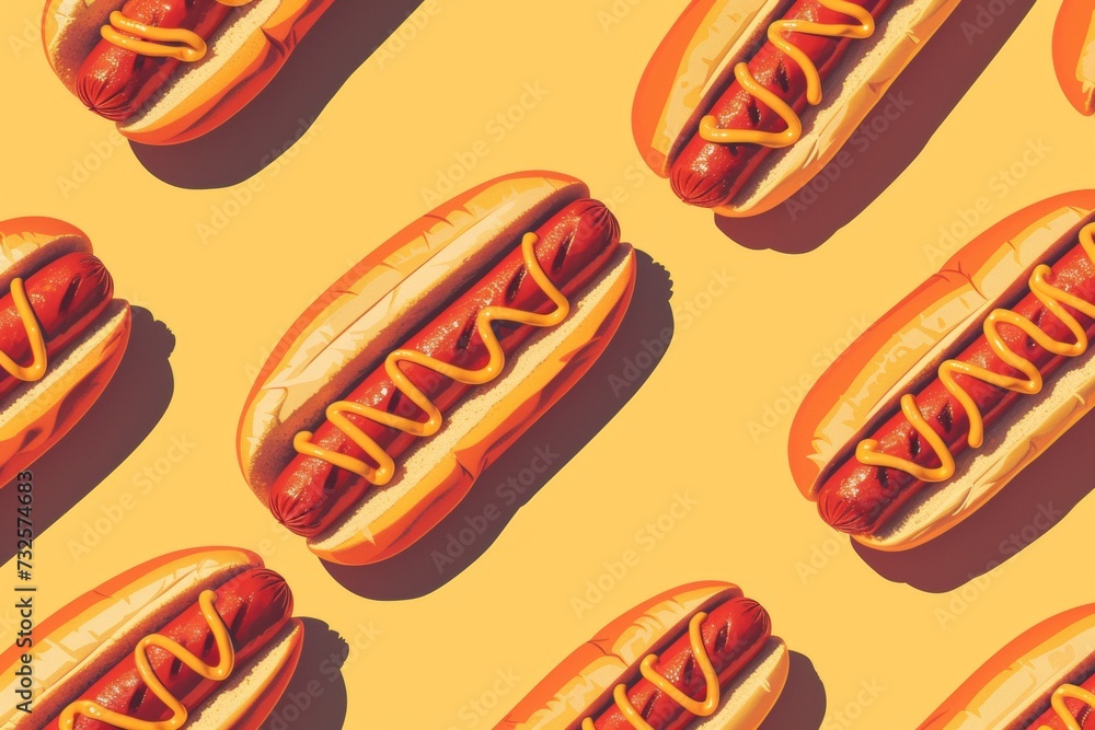 Delicious spicy hotdogs with mustard sauce display on yellow background Delicious spicy hotdogs with mustard sauce display on yellow background