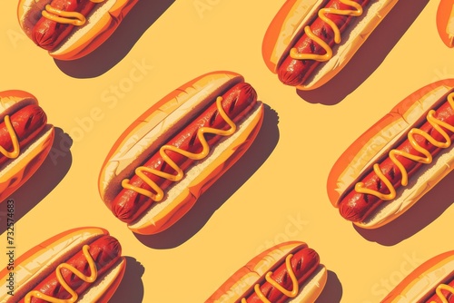 Delicious spicy hotdogs with mustard sauce display on yellow background