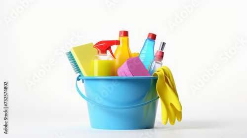 blue bucket with cleaning tools