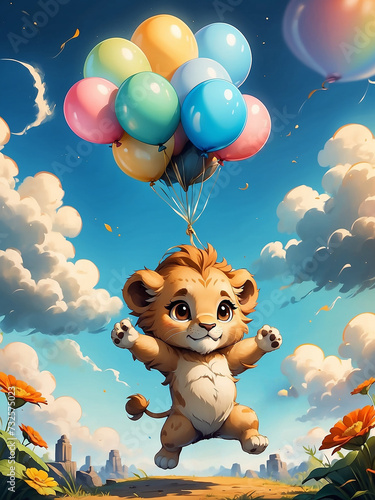 Baby lion soaring with balloons against a blue sky.