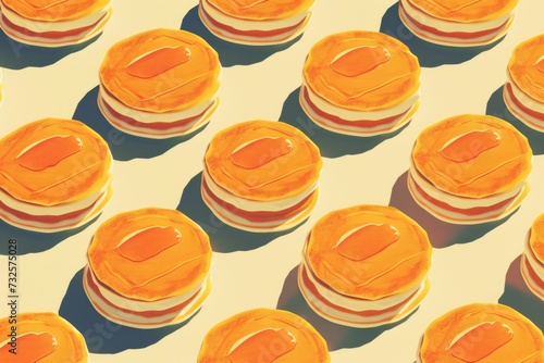 A repeating pattern of stacks of pancakes with syrup on top, featuring a warm color palette. The pancakes are golden brown with a glossy syrup finish, casting soft shadows on a light background photo