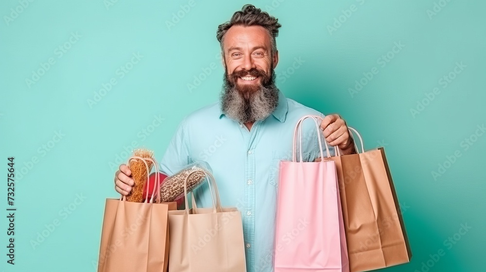 smiling man is holding eco-friendly canvas bags with fresh vegetables on a neutral background, Concept: taking care of health, proper nutrition. smiling man is holding eco-friendly canvas bags with fresh vegetables on a neutral background, Concept: taking care of health, proper nutrition.