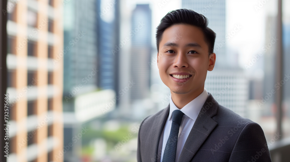Attractive Asian businessman in a suit standing confident with blurred office buildings as a background Attractive Asian businessman in a suit standing confident with blurred office buildings as a background