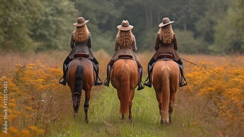 Horsewomen like to ride gorgeous horses side by side on the equestrian center's trail. © tongpatong