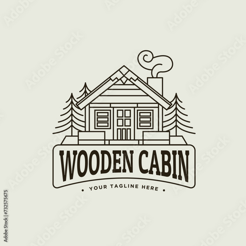 Wooden House, Cabin Cottage with Pine Evergreen Line Art Logo Design