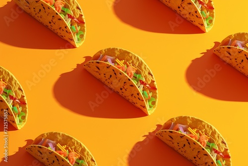 Illustration of multiple tacos with vegetable fillings on a yellow background, ideal for food-related themes.