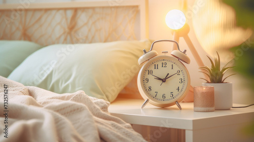 there is an alarm clock on the bedside table in the room next to the bed