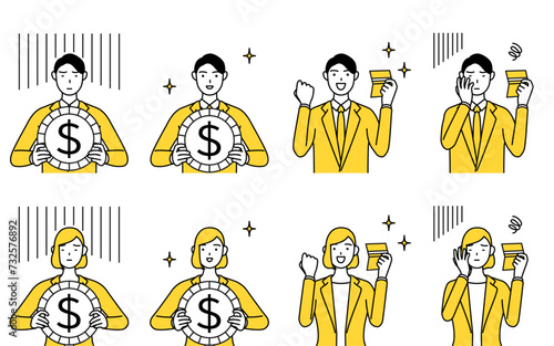 スーツ姿の男性と女性のシンプルな線画イラスト、投資のドル安・ドル高の為替変動と貯金残高の増減のイメージセット