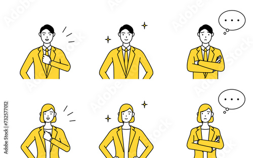 スーツ姿の男性と女性のシンプルな線画イラスト、手を組んで悩む姿と胸を叩いたり胸を張る姿のセット