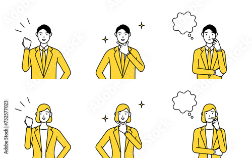 スーツ姿の男性と女性のシンプルな線画イラスト、ガッツポーズやピストルポーズ、悩むポーズのセット