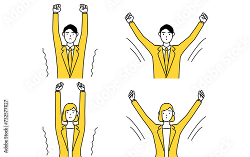 スーツ姿の男性と女性のシンプルな線画イラスト、ストレッチや深呼吸