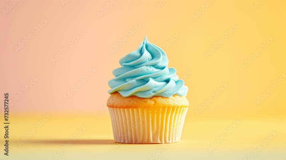 A single cupcake with blue frosting on a pastel gradient background. The cupcake has a light golden base and is presented in a white paper liner, showcasing a smooth swirl of frosting A single cupcake with blue frosting on a pastel gradient background. The cupcake has a light golden base and is presented in a white paper liner, showcasing a smooth swirl of frosting