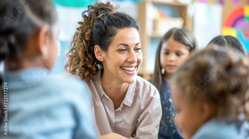 Joyful Female Teacher Interacting with Diverse Young Students.