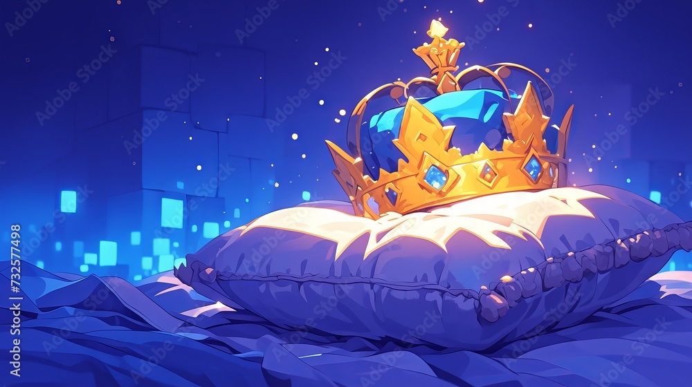 Naklejka premium cartoon cute prince crown decorated with precious stones on a pillow in rays of light.