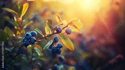 A branch with natural blueberries on a blurred background of a blueberry garden at golden hour. The concept of organic  local  seasonal fruits and harvest