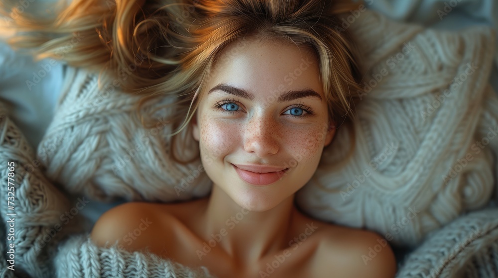Smiling Young Woman Enjoying Comfortable Morning in Bed. Smiling Young Woman Enjoying Comfortable Morning in Bed.