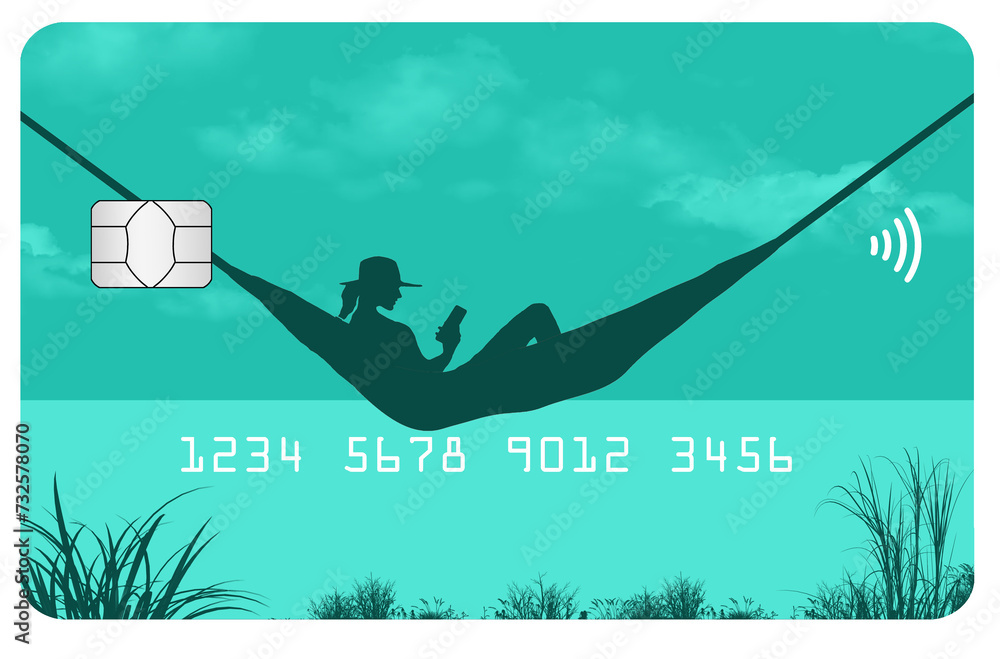 A travel credit card is decorated with a vactioning woman in a hammock on the beach under palm trees. This is a 3-d illustration.