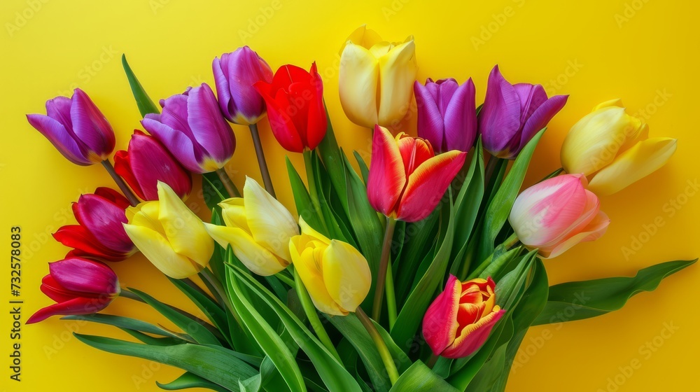 Beautiful Bouquet of vivid colorful tulips flowers on yellow background Beautiful Bouquet of vivid colorful tulips flowers on yellow background