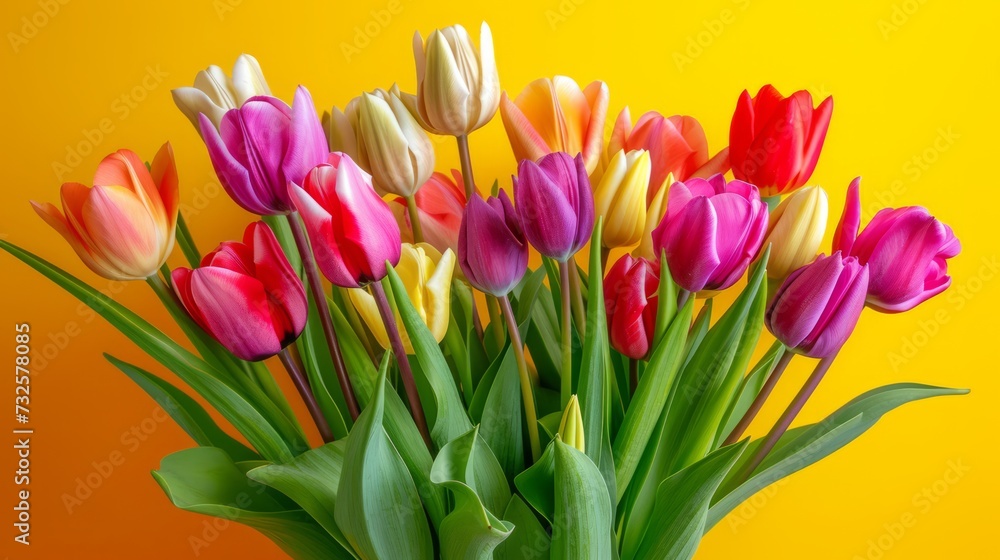 Beautiful Bouquet of vivid colorful tulips flowers on yellow background Beautiful Bouquet of vivid colorful tulips flowers on yellow background