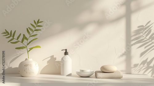 A minimalist bathroom scene featuring a white vase with a green leaf, a white lotion bottle, a small bowl, smooth stones, and a folded towel, all arranged on a light-colored surface with soft shadows