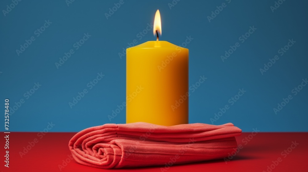 Candle and a towel placed on minimal background, spa therapy concept Candle and a towel placed on minimal background, spa therapy concept