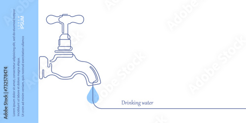 Drinking water concept. Flowing aqua. Plumbing. Continuous line drawing.