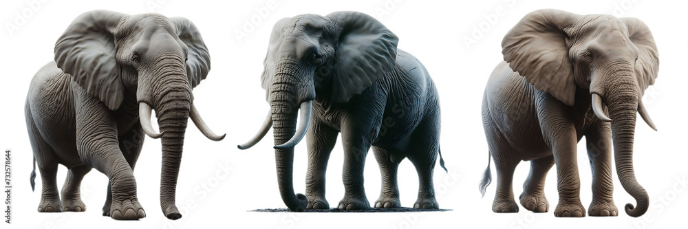 Fototapeta premium Three African elephants Standing in different directions transparent background