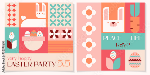 Happy Easter party invitation geometric square bright flat template. Date,place,time,rsvp.Easter eggs,rabbits,basket,eggs hunt.Vector illustration