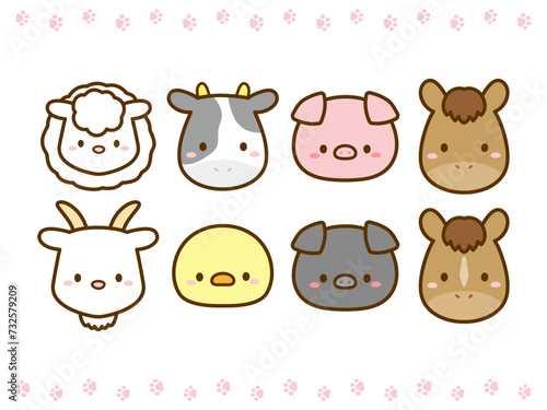 牧場の動物のベクターイラストのセット。馬や羊、ヤギやヒヨコ、牛や豚など、いろいろな種類の動物たちの顔のアイコンのイラスト。