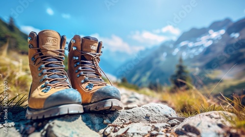 A pair of rugged hiking boots on a rocky trail, mountains in the background under a clear blue sky