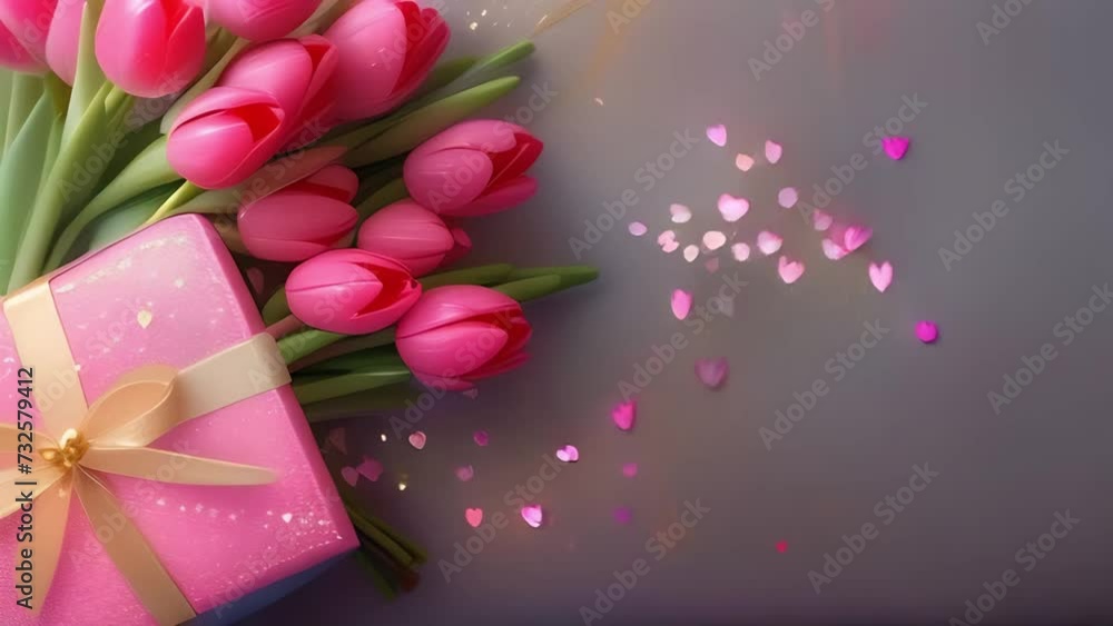 A bouquet of pink tulips, a gift and hearts A bouquet of pink tulips, a gift and hearts