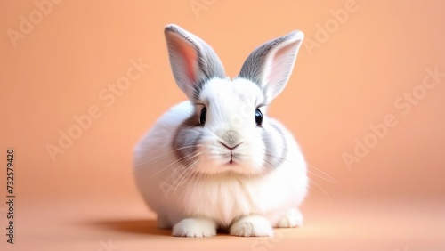 A white rabbit on a peach fuzz background   the concept of an Easter holiday
