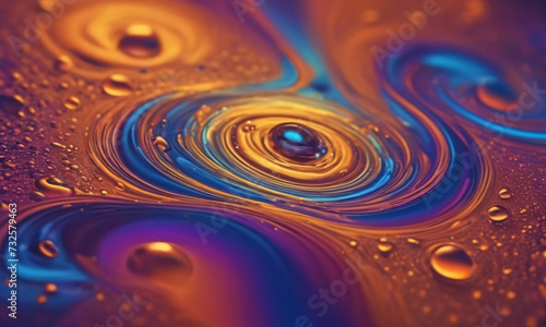 Water drop with reflection. Abstract background. 3D illustration. Blue, purple and yellow colors.
