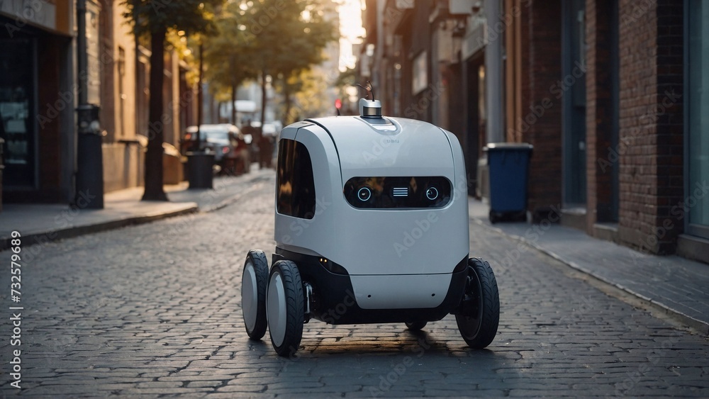 delivery robot at street, modern technology