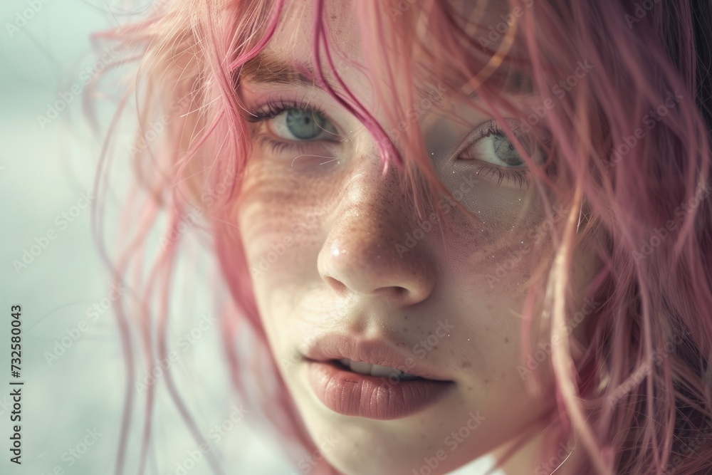 Whimsical yet poignant, a young woman's gaze, veiled by pink tendrils, speaks volumes, her story unwritten in the dance of soft hues and vulnerability.
Whimsical yet poignant, a young woman's gaze, veiled by pink tendrils, speaks volumes, her story unwritten in the dance of soft hues and vulnerability.