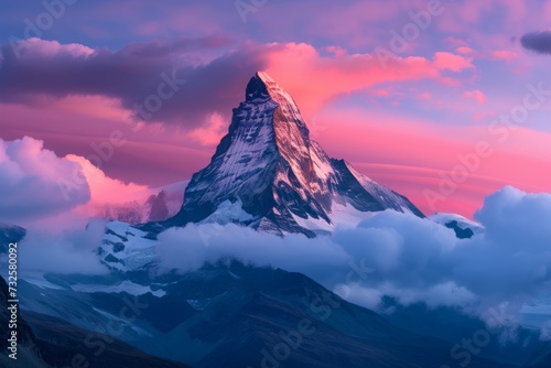 A majestic mountain basks in the glow of a candy-colored sunset, clouds caressing its peak in a serene and breathtaking spectacle.