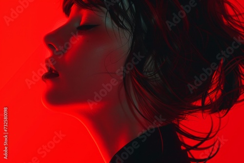 Sensual and captivating, a woman's silhouette is bathed in crimson light, her profile a dance of shadows and allure in the red ambiance.