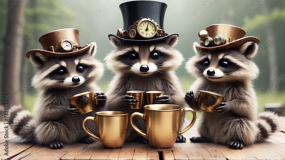 Obraz premium A baby racoons in the grass with a steampunk hats