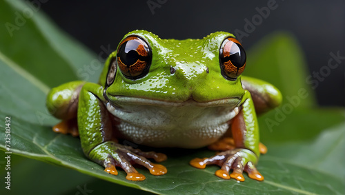 A close-up of a tree frog resting on a leaf with its front limbs extended  observing the camera.